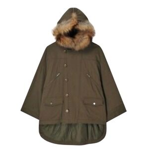 The Kooples Sport Fur Hood Parka Poncho Olive Green Cotton‎ Blend Women's Medium